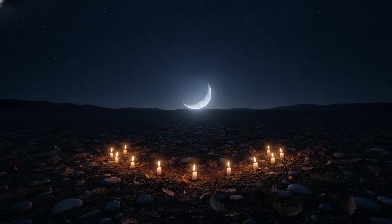 Nine candle flames in a gentle arc under a dark September sky, no readable numbers or letters