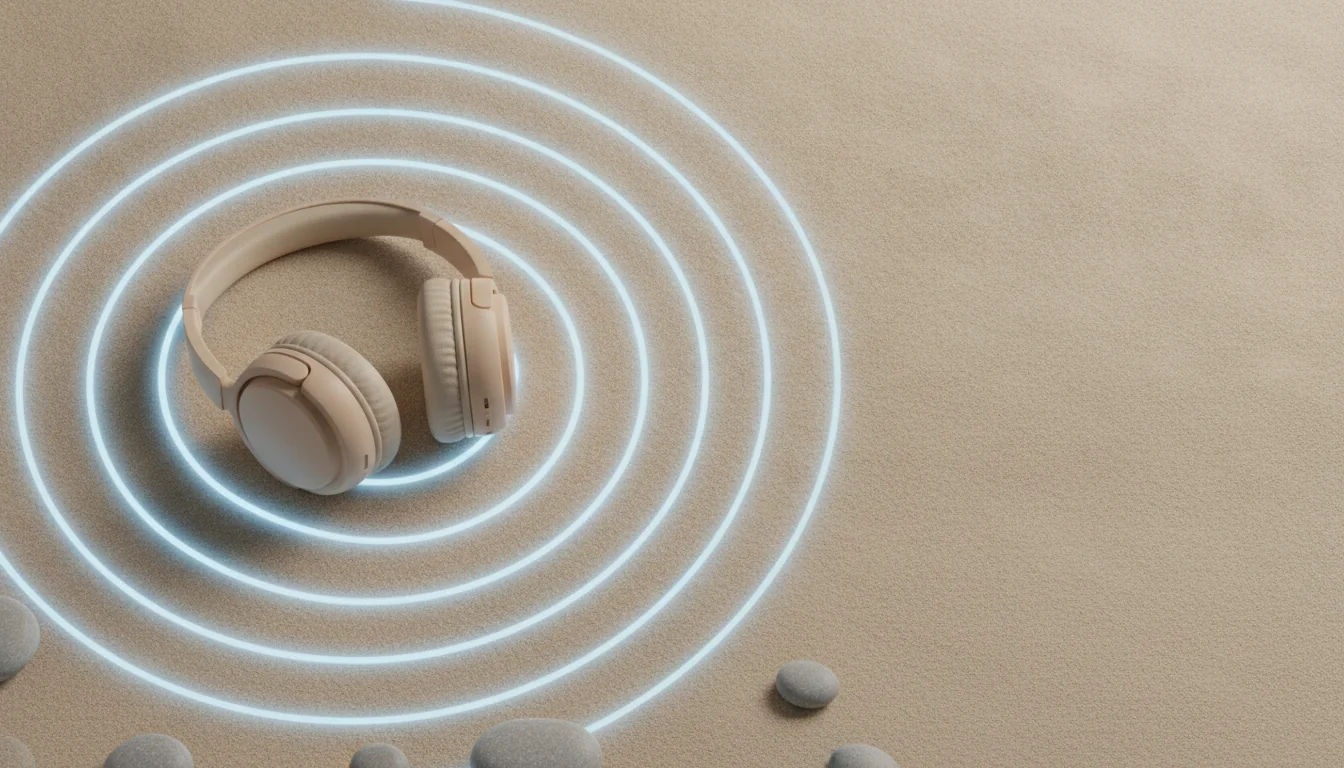 Soft over-ear headphones on a pale surface with calming ripples of blue light spreading outward