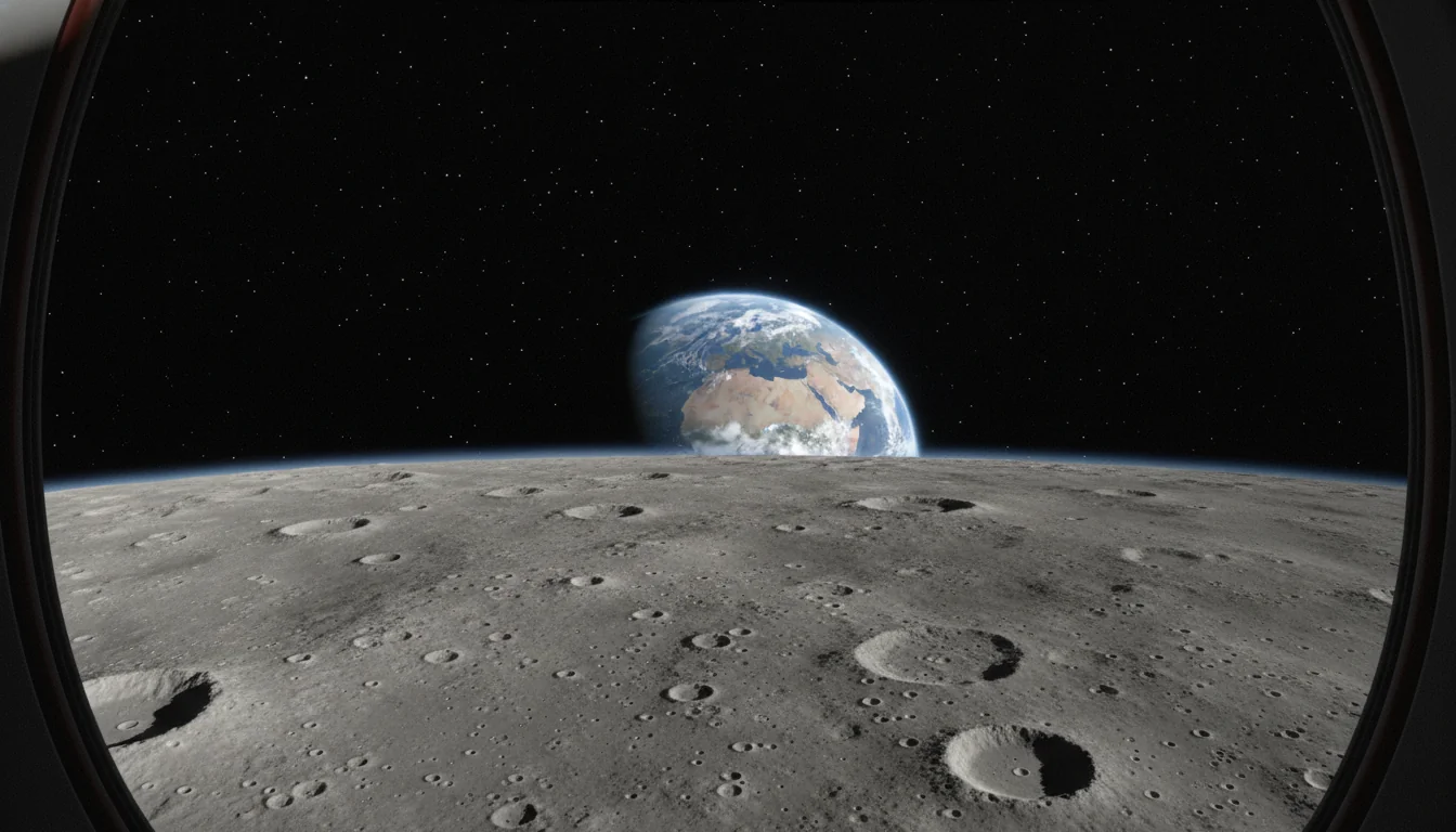 Earth setting behind the cratered grey limb of the Moon, seen from lunar orbit against black space