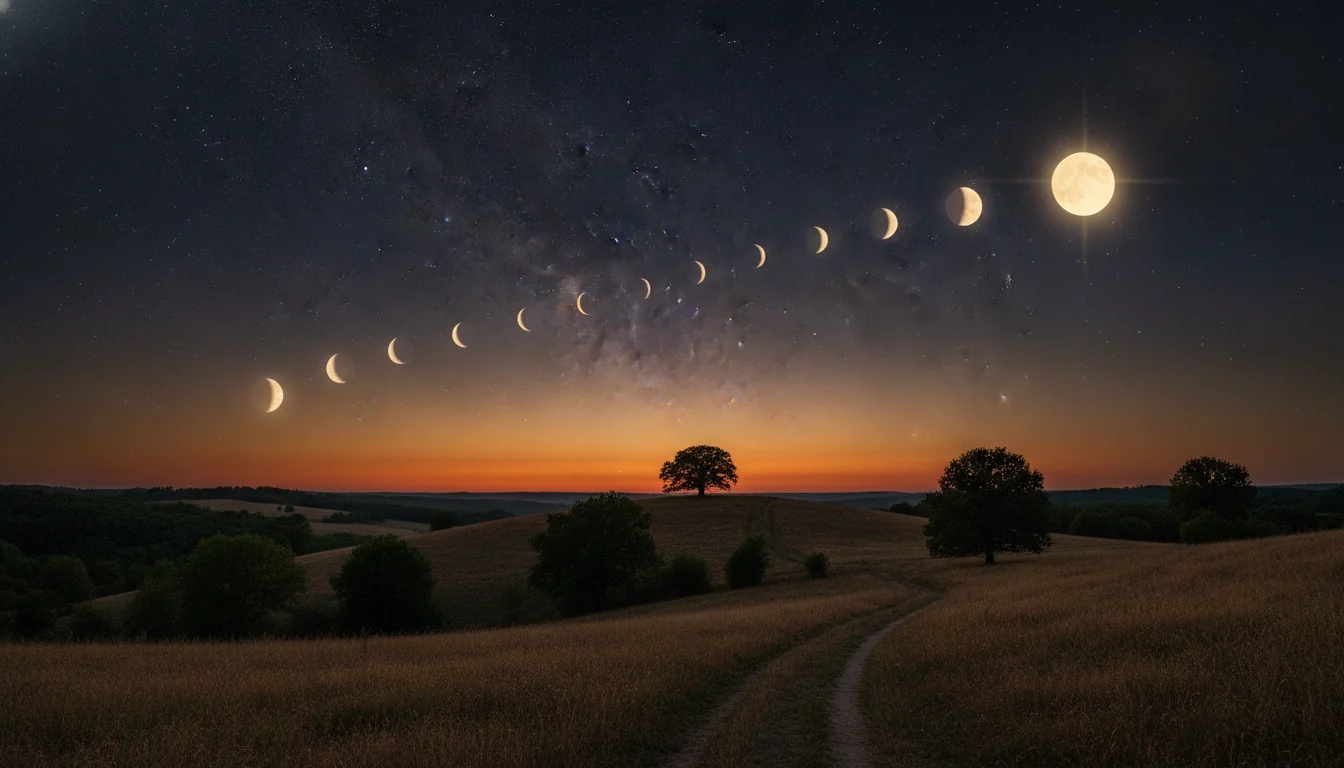 Late-summer night sky with soft moon-phase glows and a subtle solar eclipse corona for the August 2026 horoscope calendar