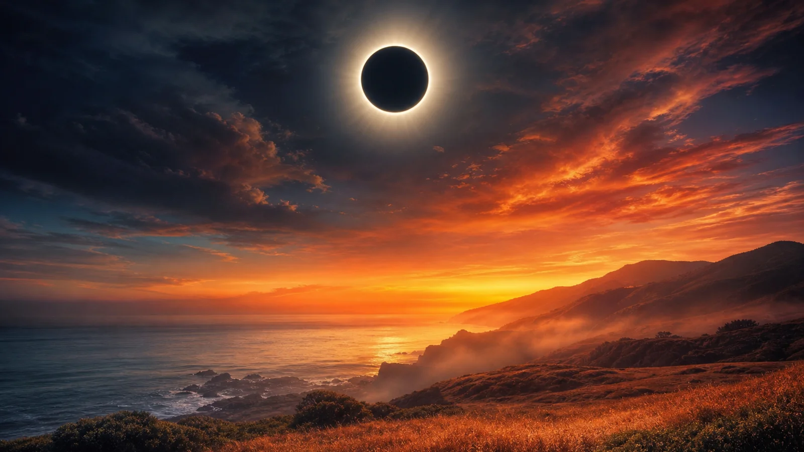 Total solar eclipse above a dramatic late-summer landscape with gold, indigo, and coral light for the August 2026 horoscope