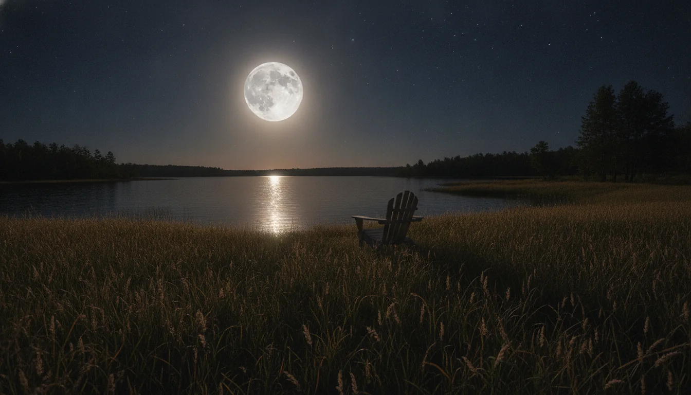 Silver moonlight over a quiet lakeside meadow at dusk, suggesting the moon phase on the night you were born