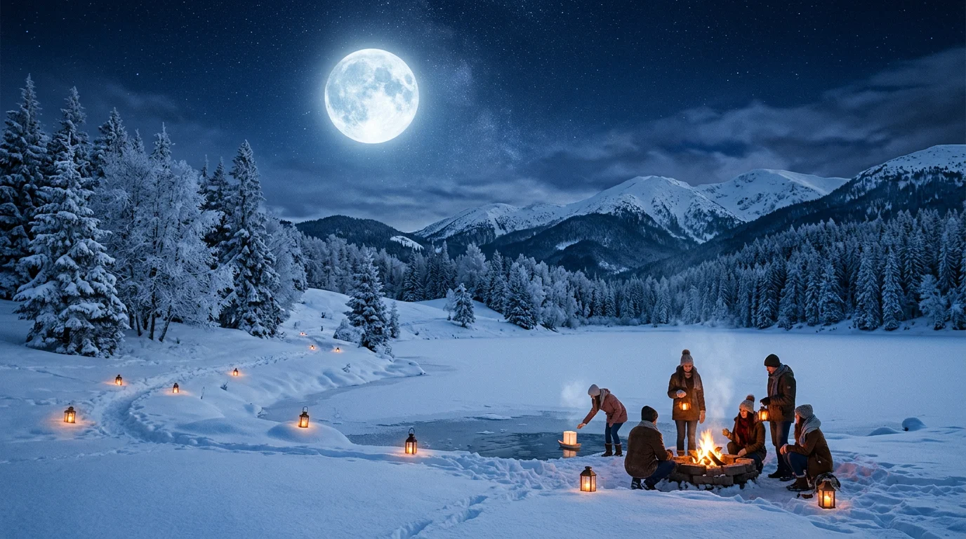 People gathered around a small fire on a frozen lake at night beneath a bright full moon and snowy mountains