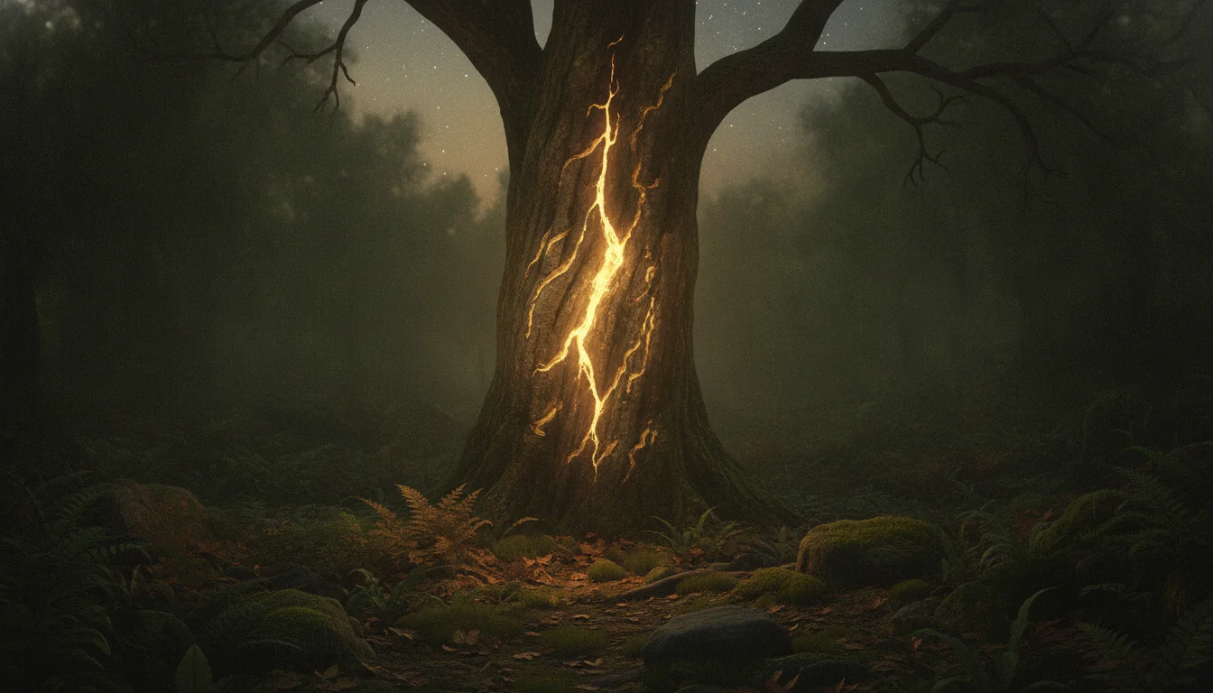 Quiet forest clearing at dusk with warm gold light along a tree trunk, suggesting Chiron retrograde healing in Taurus