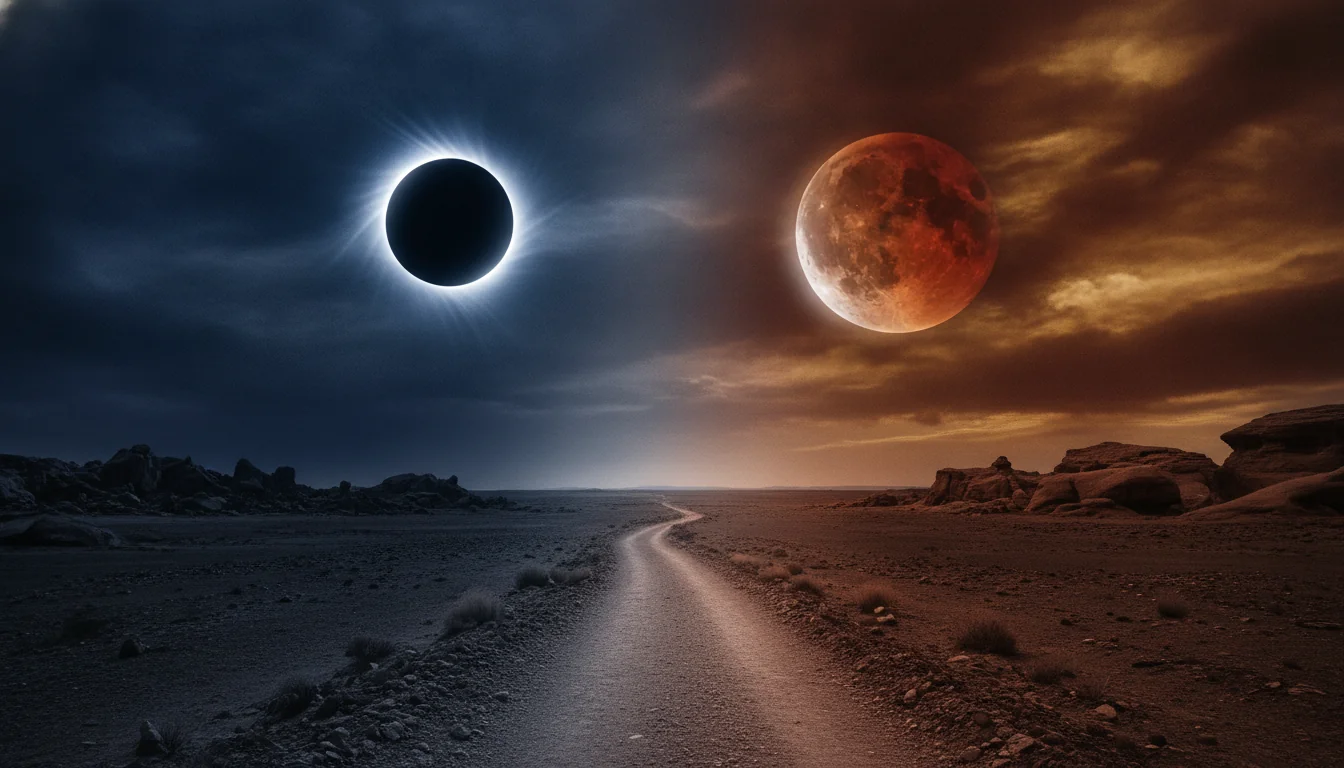 Split late-summer sky with solar eclipse corona light on one side and a copper lunar eclipse moon on the other