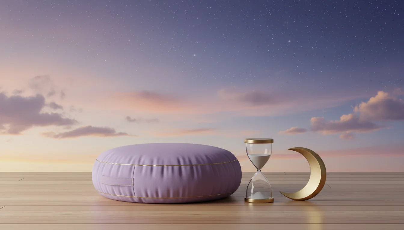 Meditation cushion beside an hourglass and crescent moon at dawn