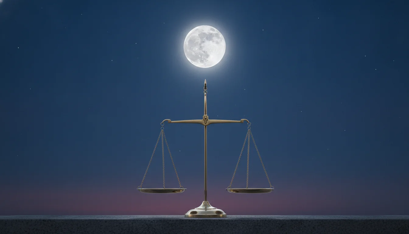 A full moon hanging above the silhouette of perfectly balanced antique brass scales on a stone ledge