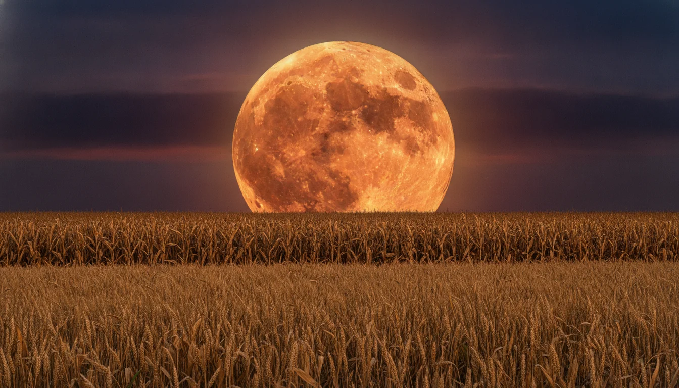 Huge amber Harvest Moon rising over a field of ripe grain at dusk