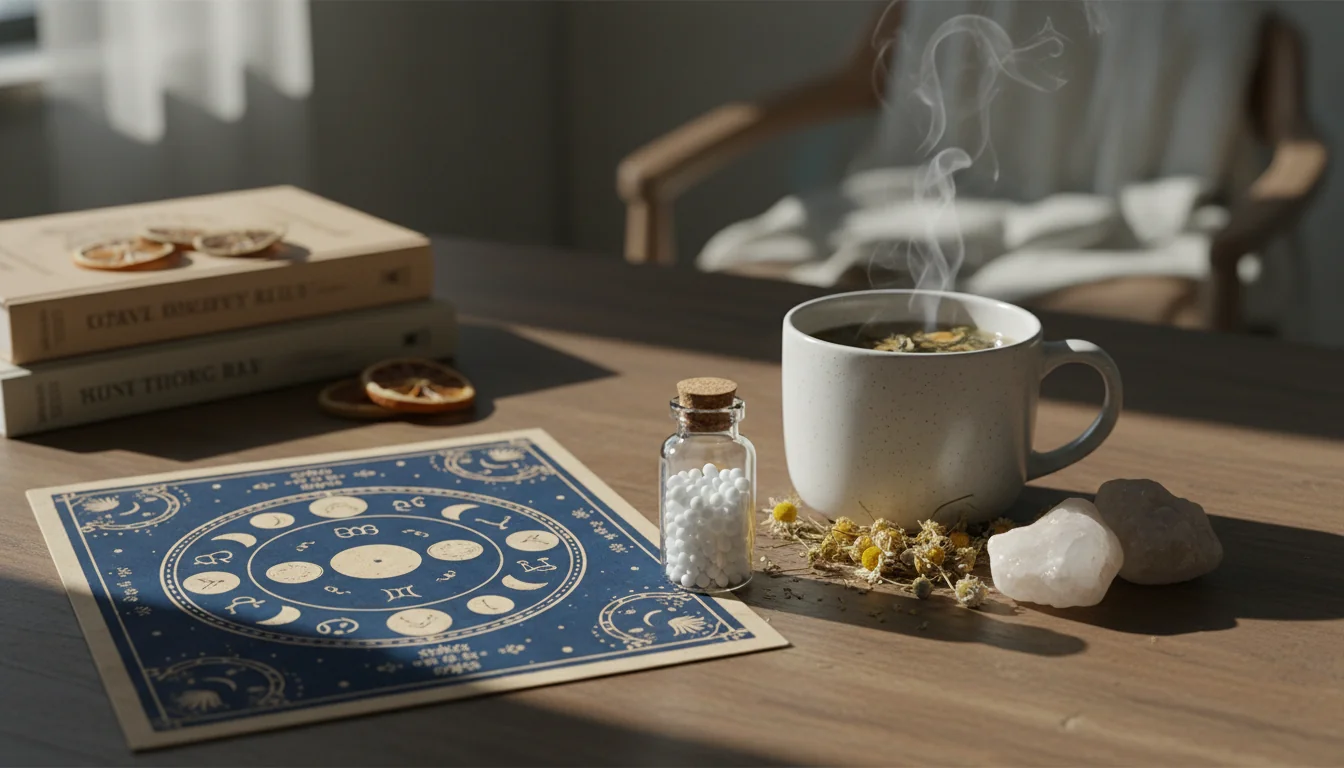 A small remedy bottle, calming tea, and moon phase calendar in soft candlelight