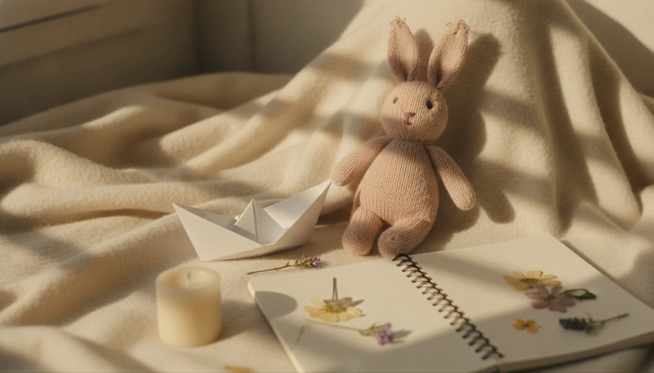 A paper boat and knitted toy rabbit on a cream blanket beside an open notebook in warm window light