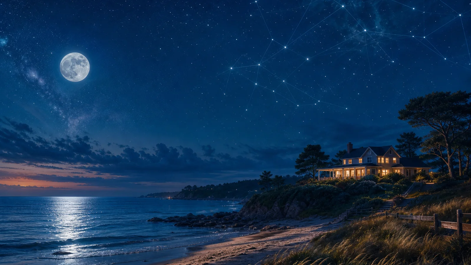 Moonlit summer shoreline with a warm home in the distance and an expansive starry sky for the July 2026 horoscope