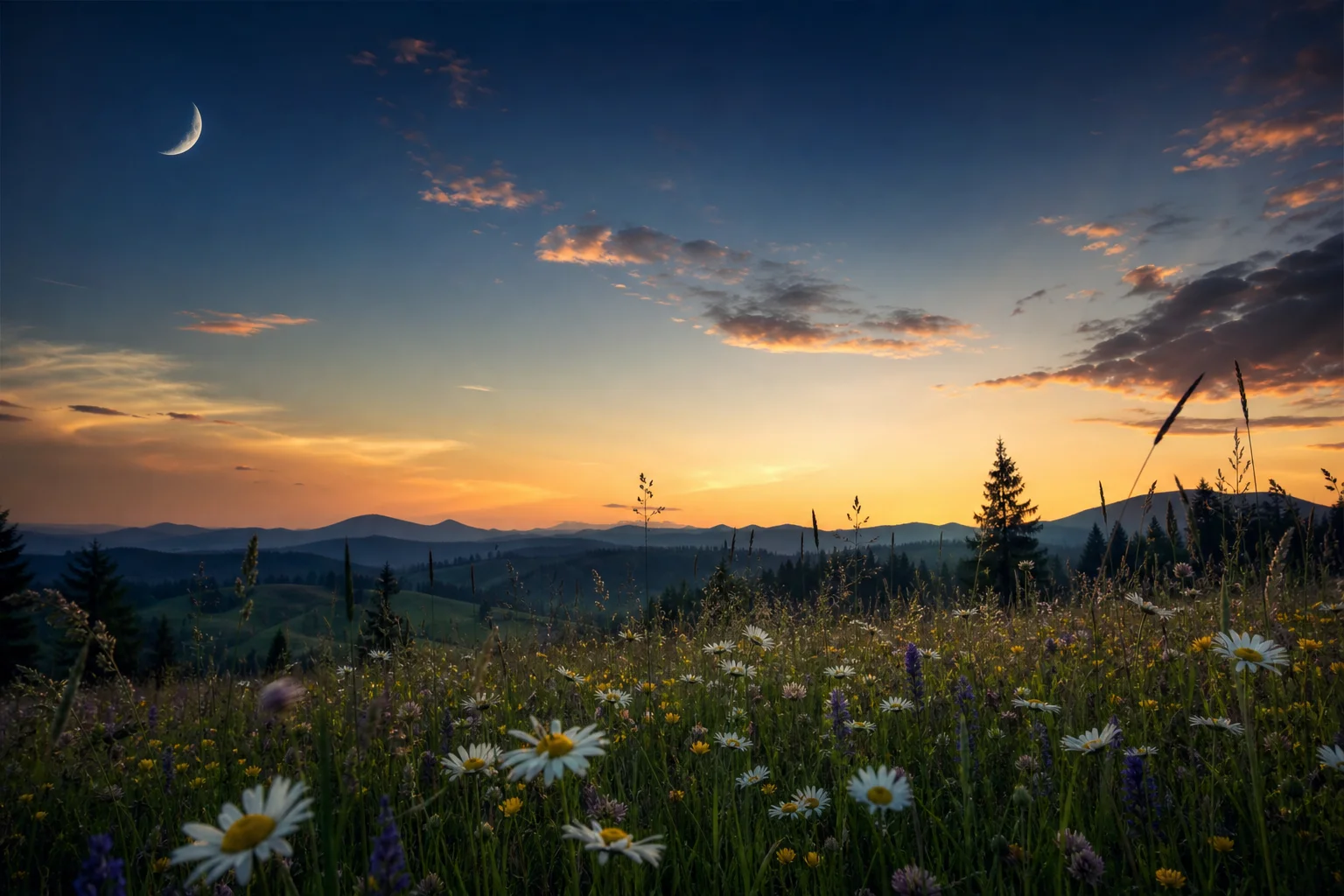 Early summer meadow at twilight with a crescent moon and golden-navy sky—June 2026 horoscope, solstice and Strawberry Moon
