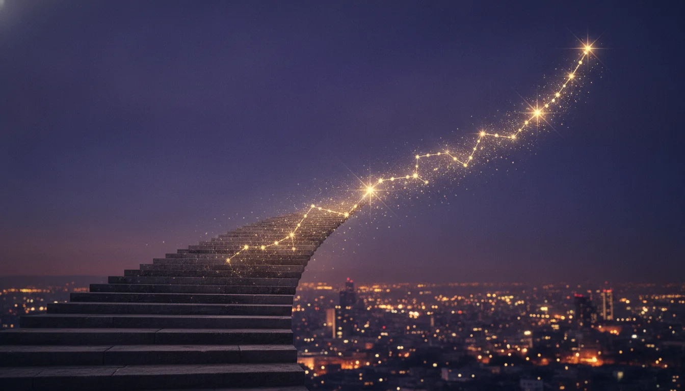 A stone stairway climbing into a glowing constellation path above a distant city skyline at dusk