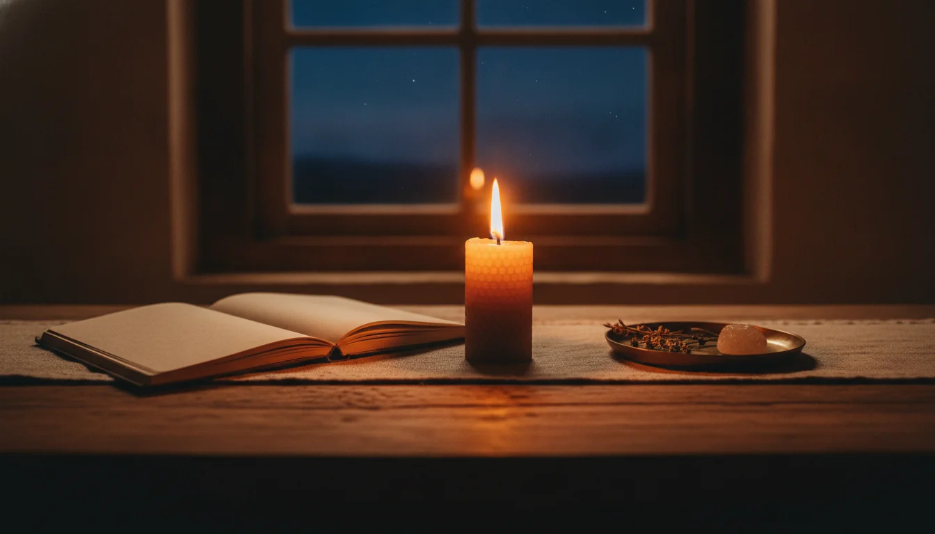 A warm candle beside an open journal on a wooden table under a dark August sky with soft gold Leo light