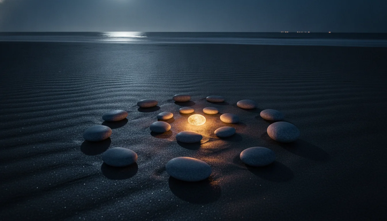 Nine smooth river stones in a spiral on dark sand under moonlight, suggesting a life path number