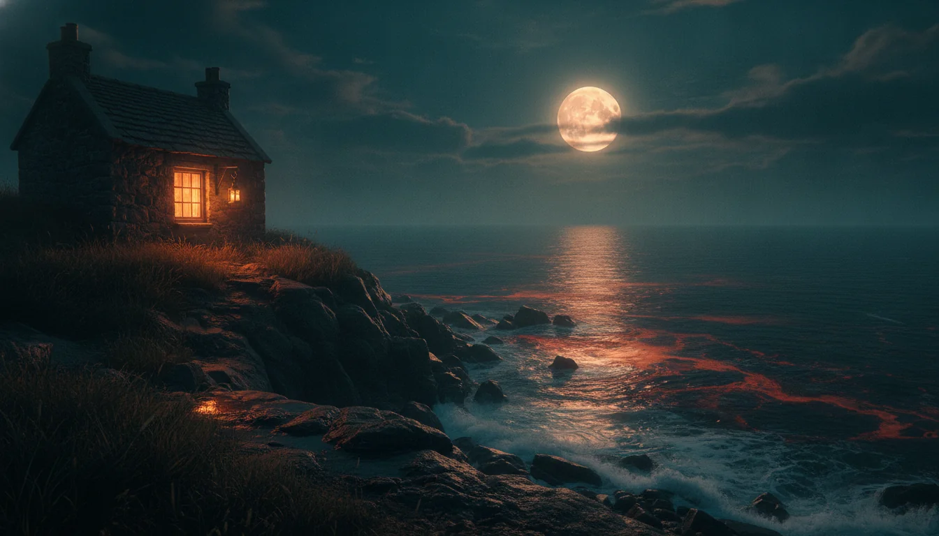 Moonlit coastal cottage with warm lantern light and protective tide under a deep teal night sky