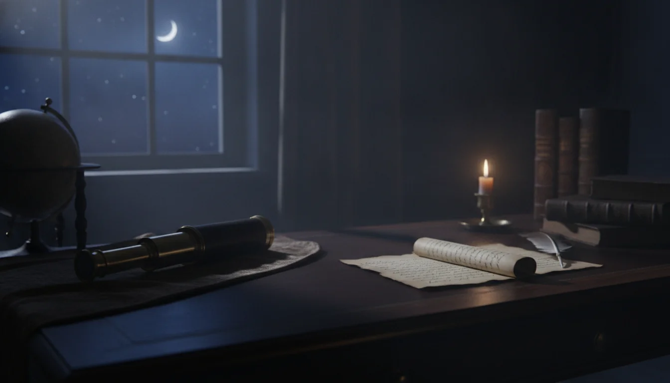 Brass telescope and a handwritten letter on a desk under silver moonlight, suggesting natal Mercury and communication