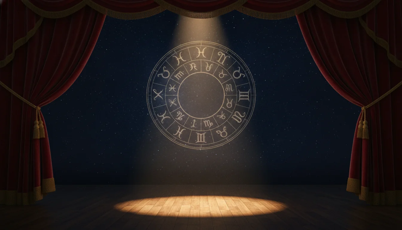 Crimson stage curtains parted on an empty spotlit stage, opening onto a starry sky with a faint chart wheel