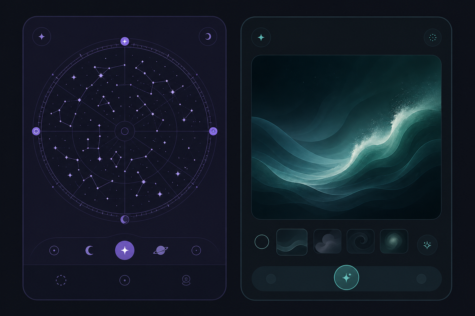 Two stylized app interfaces—star chart wheel beside AI image-generation waves on a dark editorial background