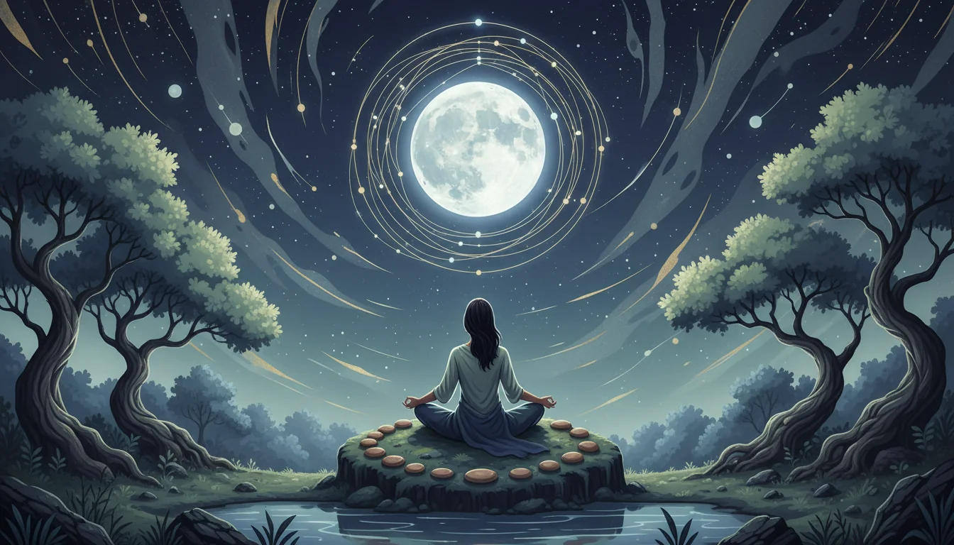 A calm moonlit grounding scene with breathing symbols and soft celestial light