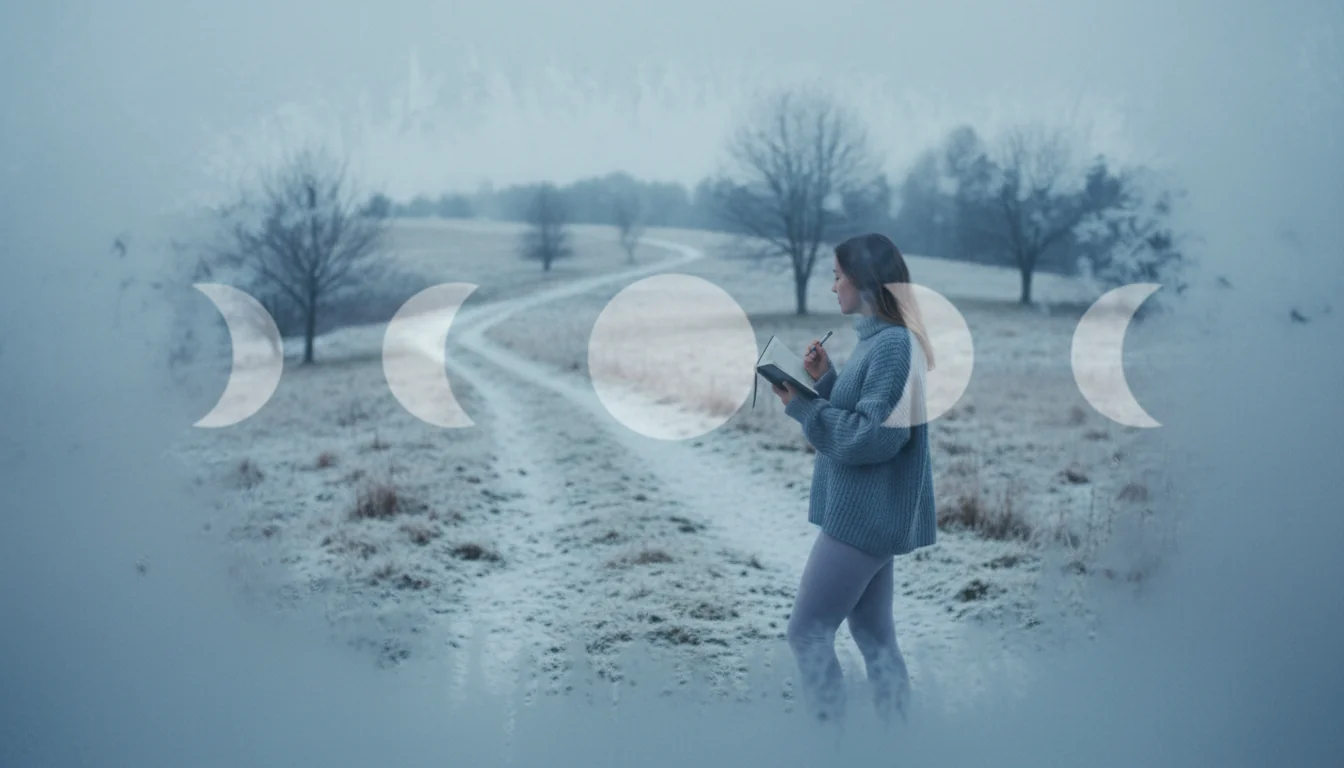A frosted morning window, walking path, notebook, and subtle moon phase reflections