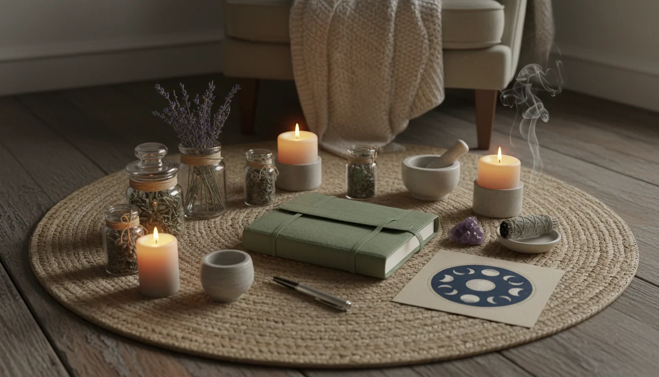 Calming herbs, journal, candlelight, and moon phases arranged for a natural anxiety relief ritual