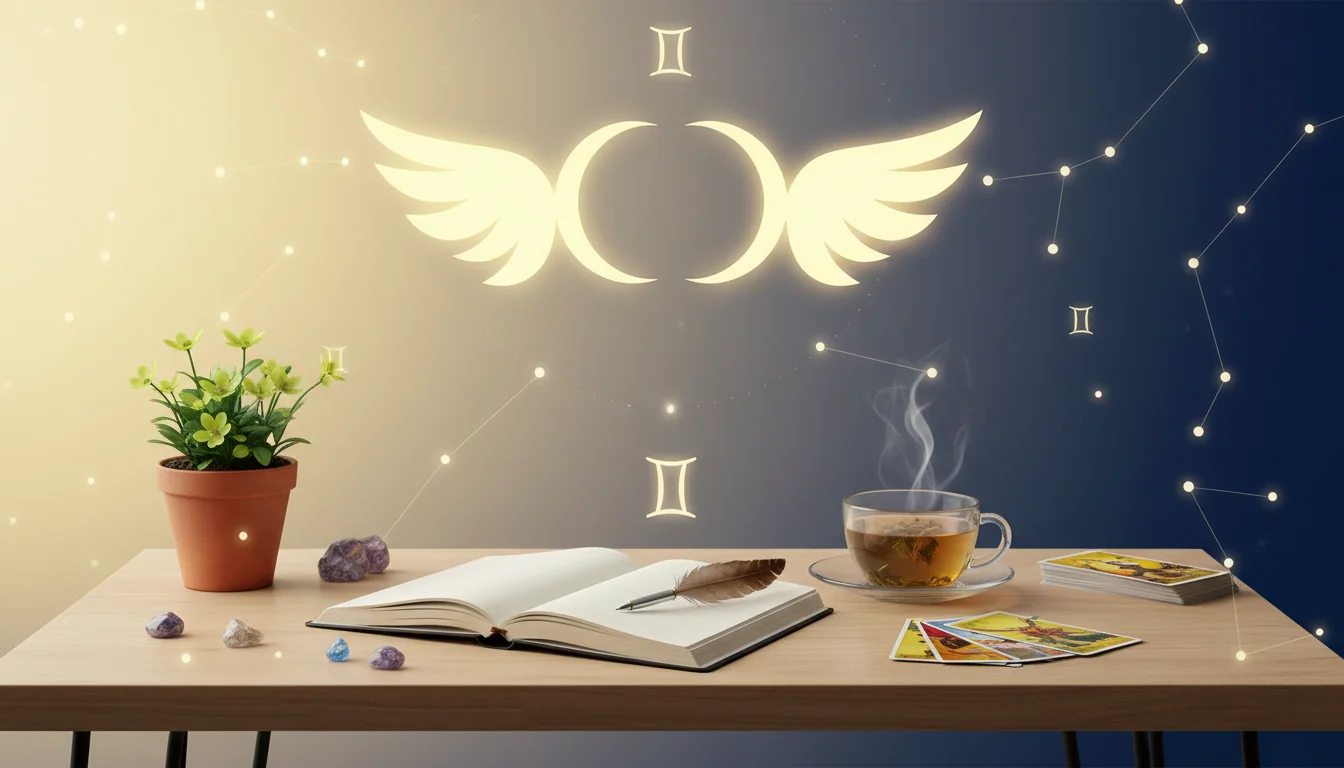 A Gemini new moon scene with a journal, twin crescent moons, and airy constellation lines