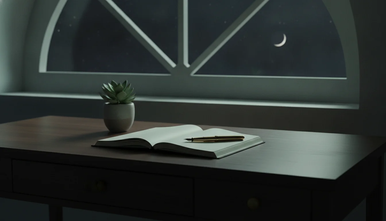 Orderly wooden desk at night with a plant, blank notebook, and dark new-moon sky in the window