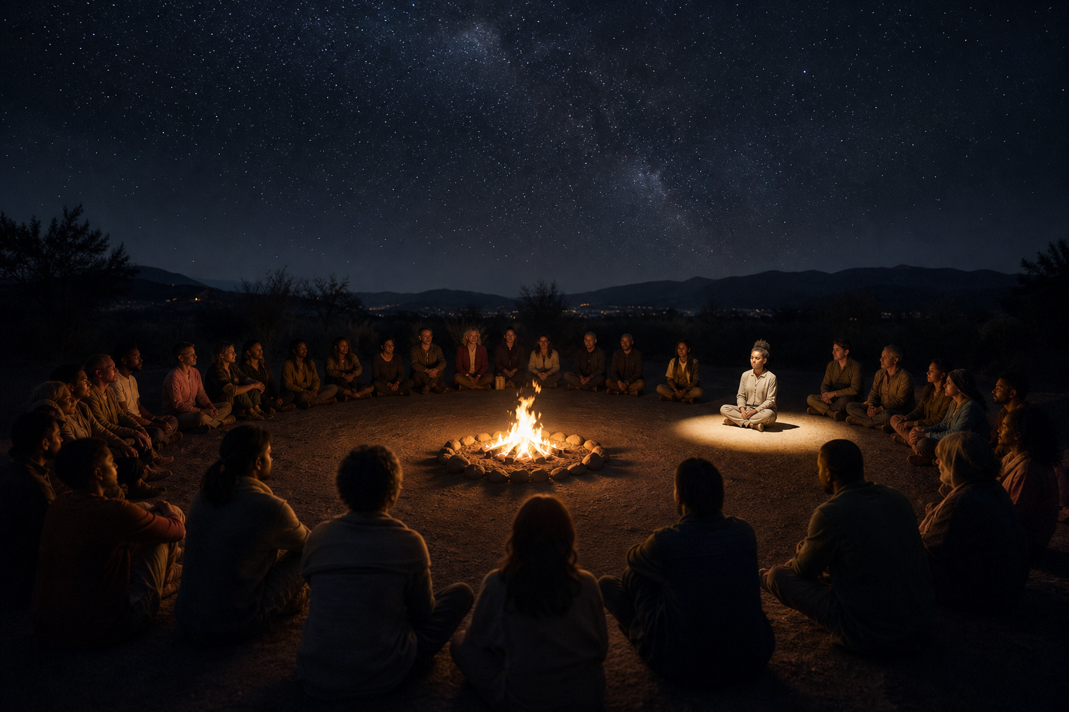 Community gathered in a circle under a starry night sky with warm firelight, symbolic of collective connection