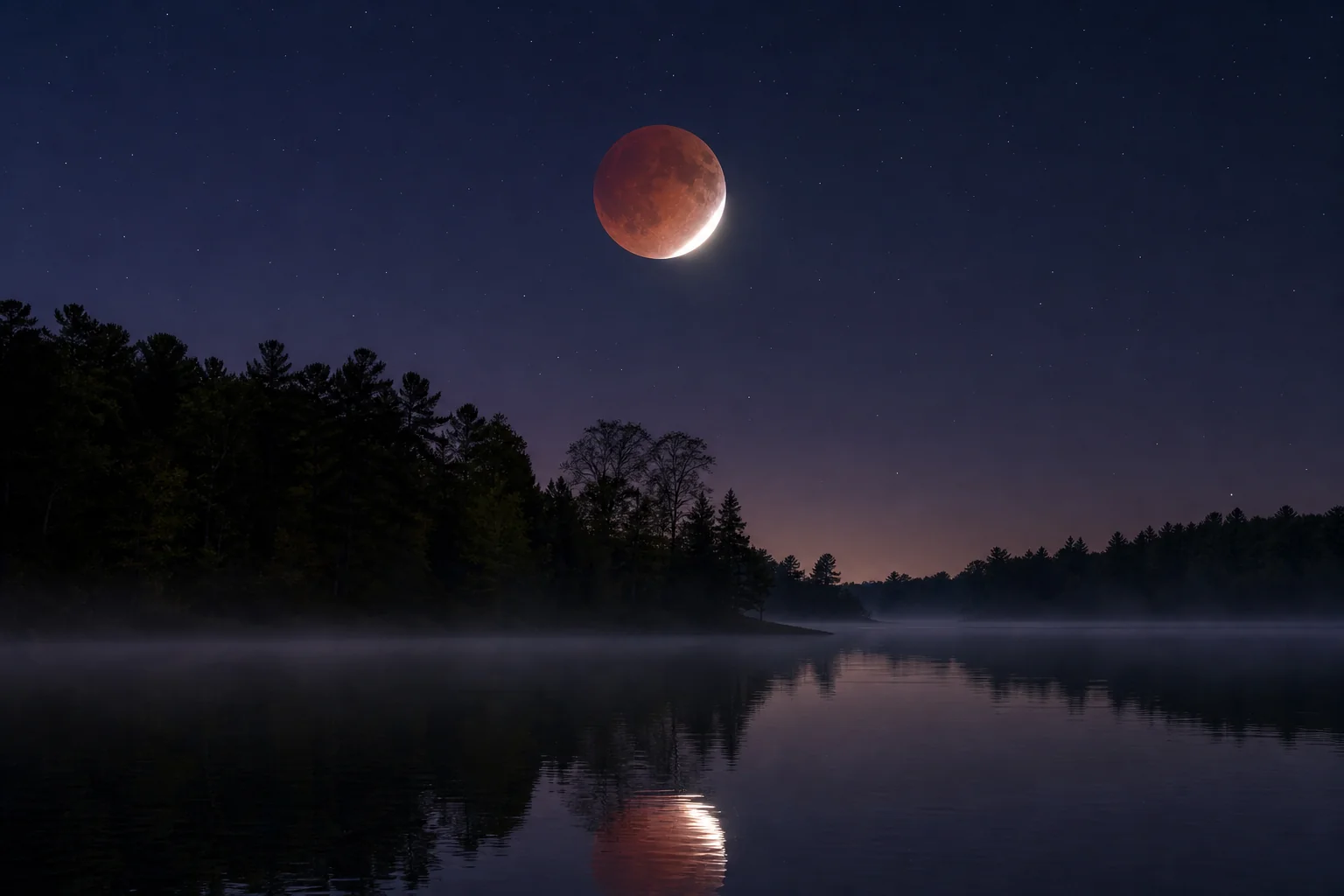 Deep partial lunar eclipse with a coppery shadowed Moon and one bright remaining sliver, reflected in a misty lake