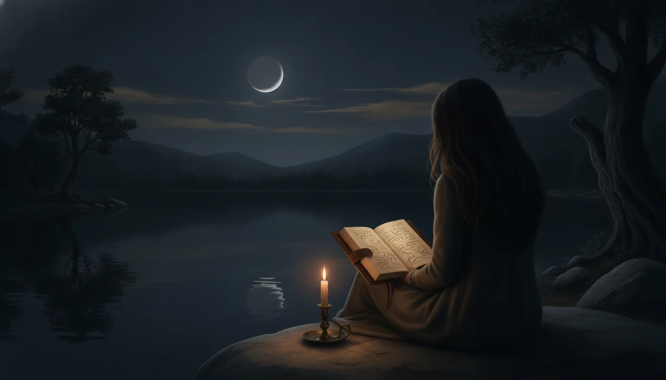 Quiet lakeside journaling under a waning moon for beginner shadow work paced to lunar phases