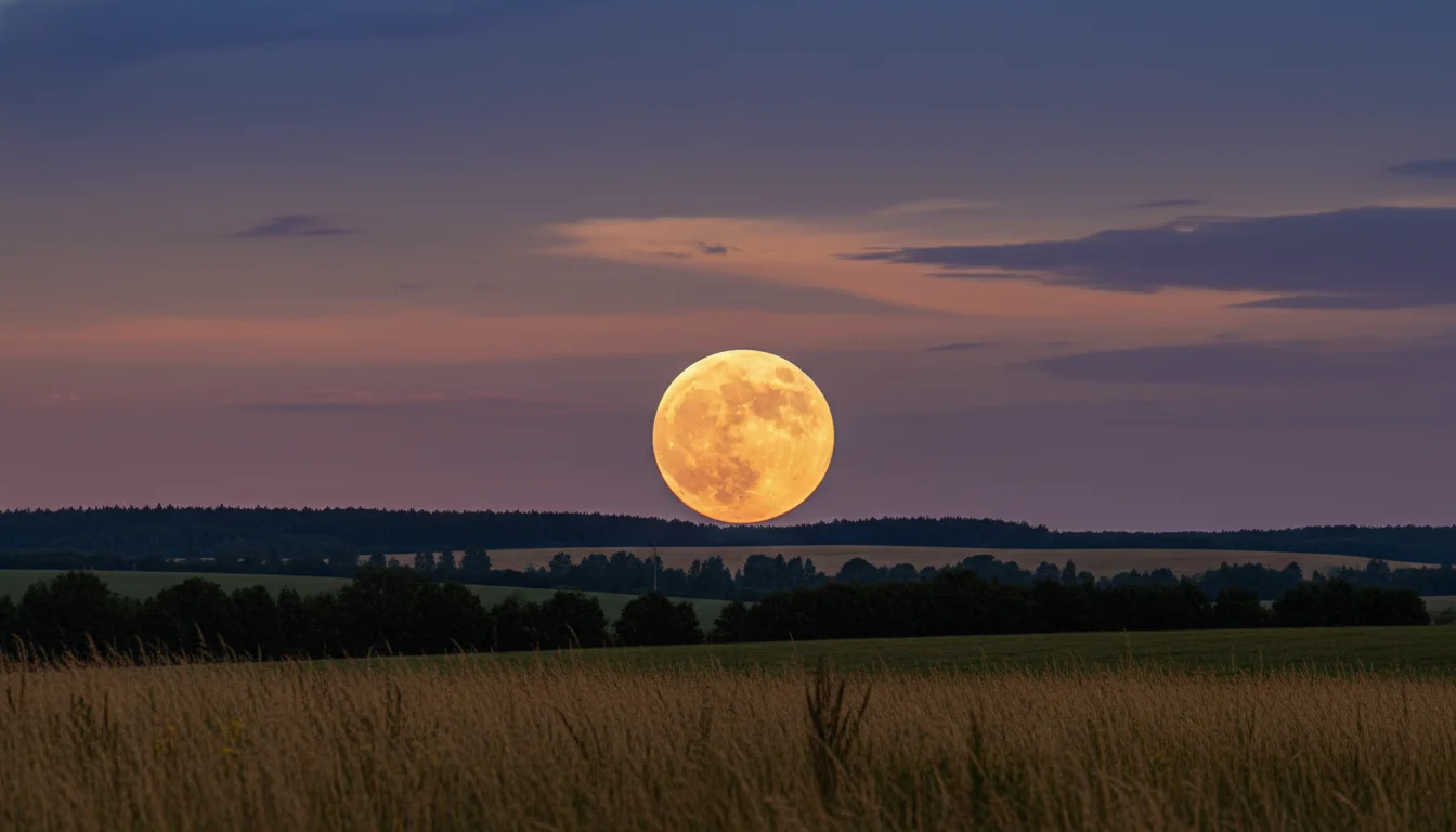 A golden full Strawberry Moon hanging low over a summer horizon at dusk, June 2026