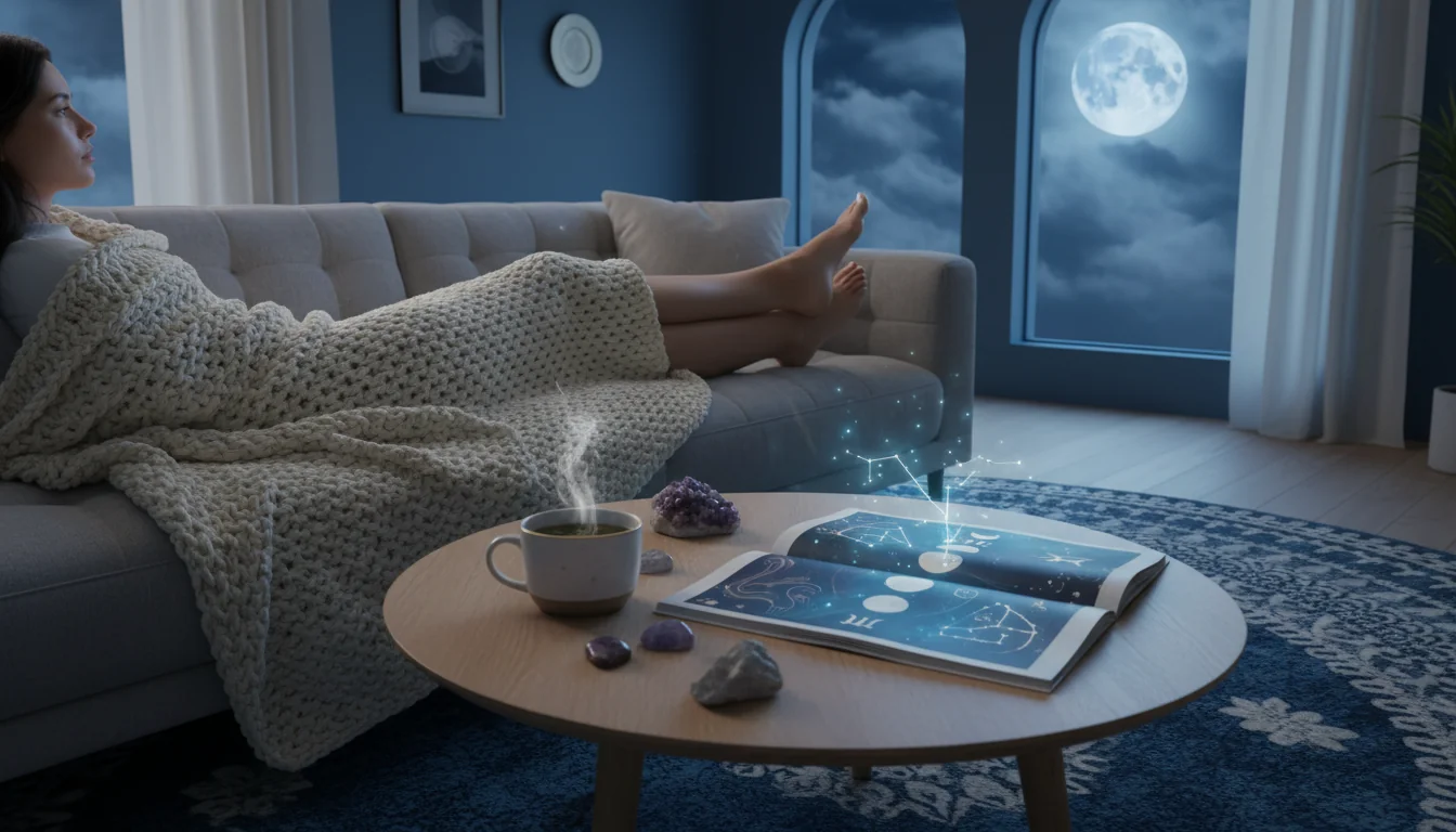 A calm moonlit room with tea, a lunar calendar, and soft constellation light