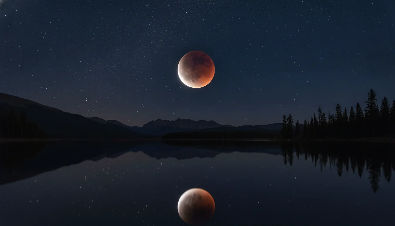Copper-tinted partial lunar eclipse above still water under the August Sturgeon Moon in Pisces, 2026