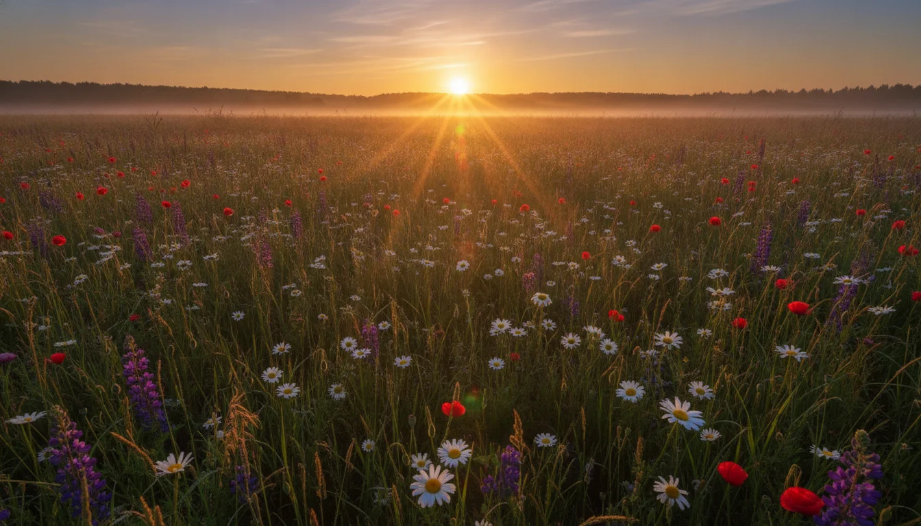Golden sunrise over a meadow with wildflowers at the 2026 summer solstice, warm midsummer light
