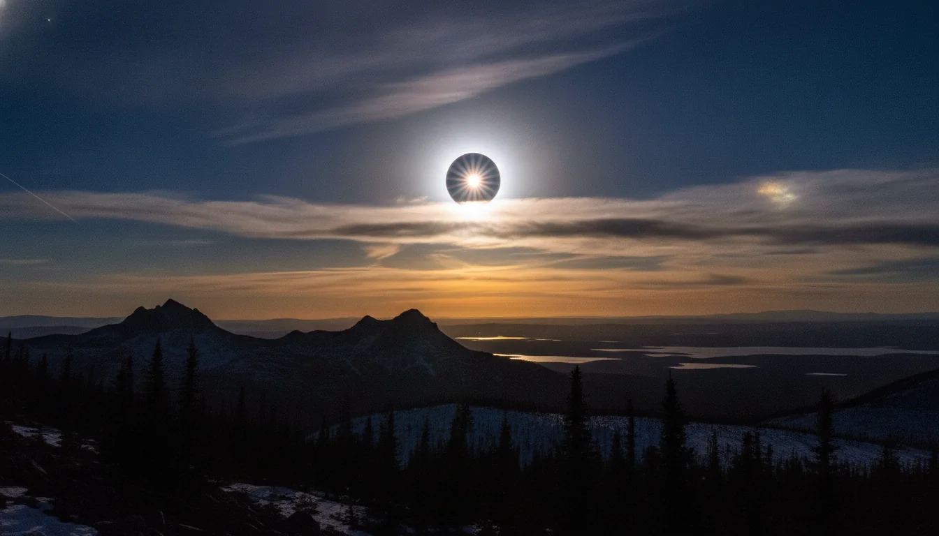 Total solar eclipse corona above a golden Leo-themed horizon on August 12, 2026, with indigo sky and warm late-summer light