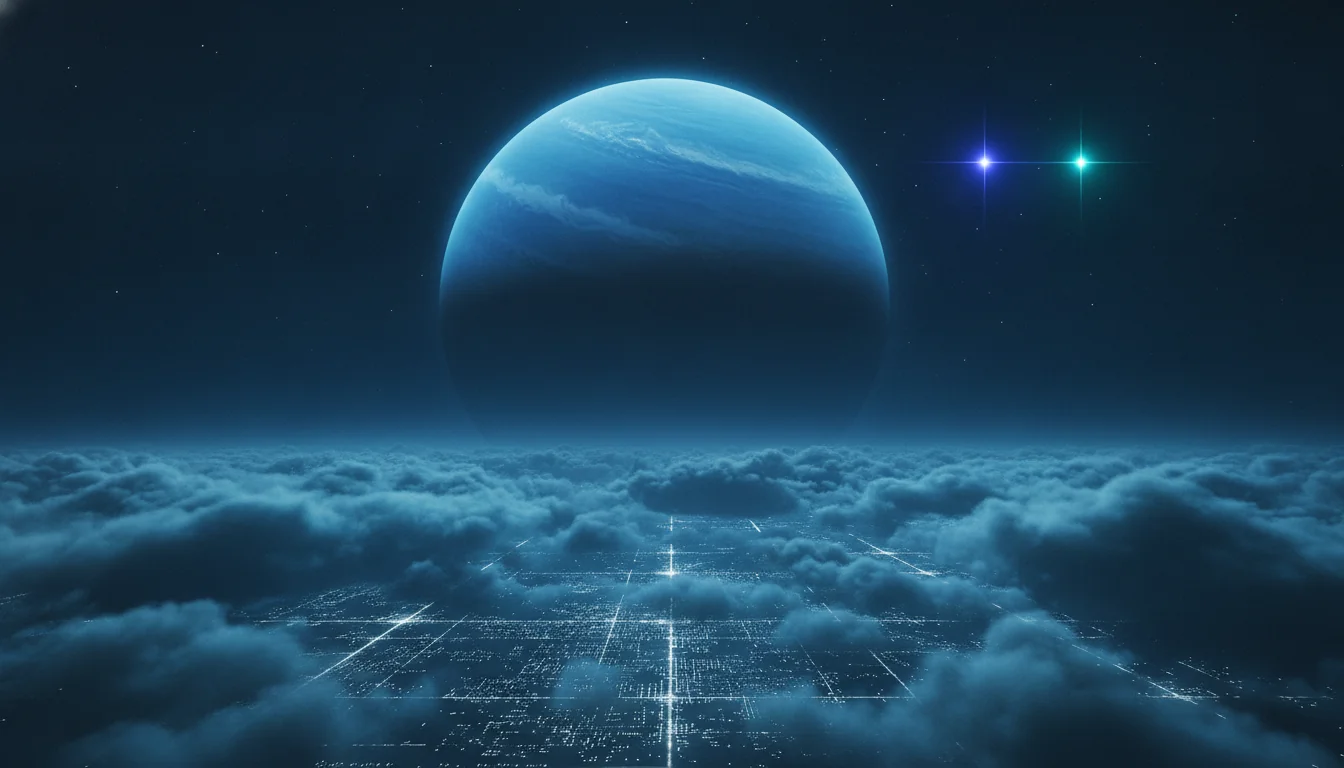 Teal ice-giant planet above fractured storm clouds over a quiet city grid at night