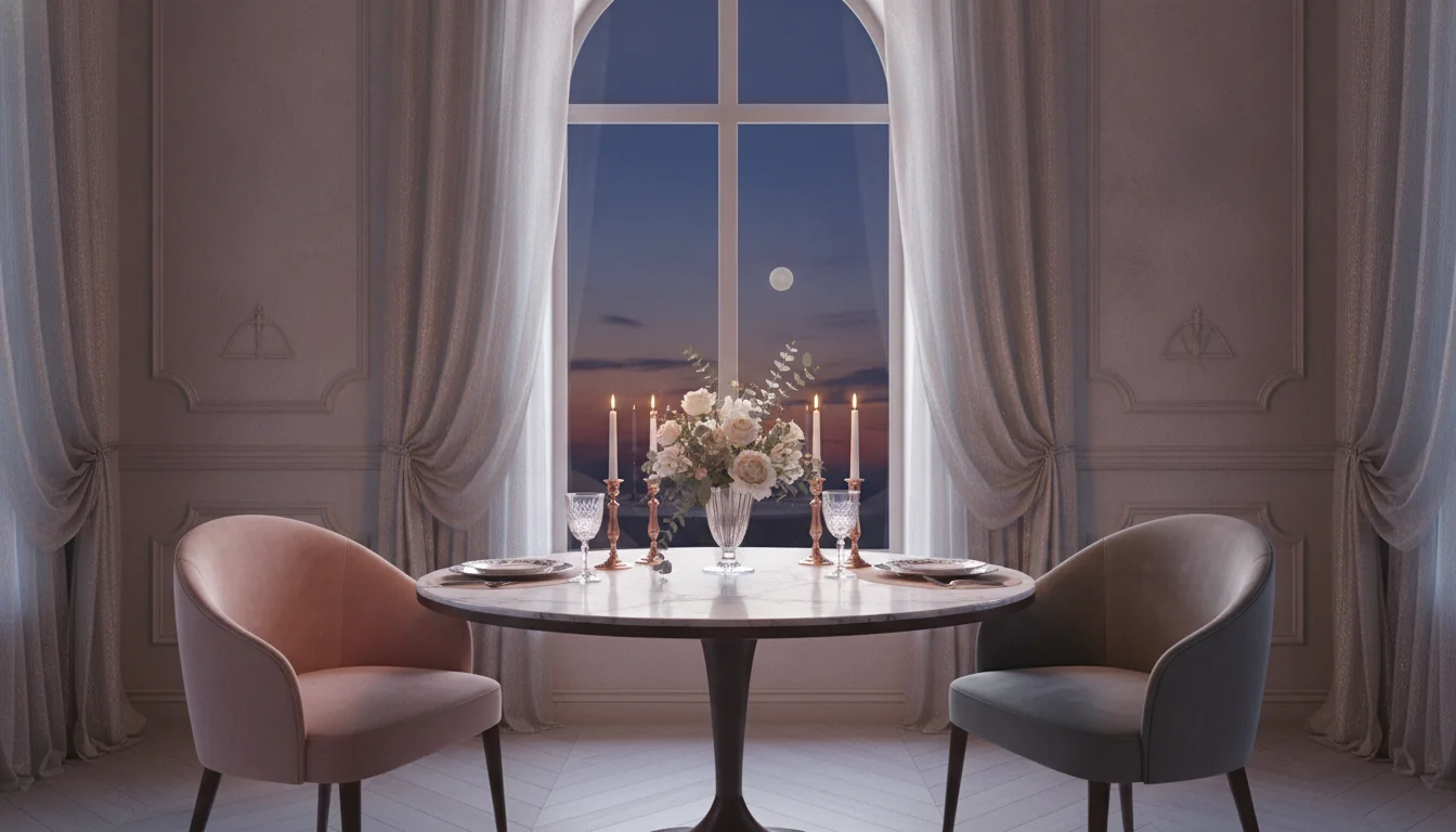 Two empty chairs at a balanced table by a twilight window with Venus bright in the evening sky, soft rose-gold light