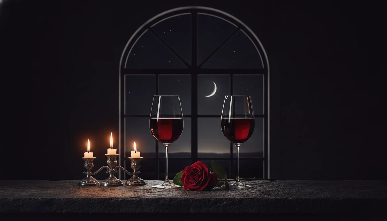 Two wine glasses and a dark rose on a stone table at night, candlelight and a slim crescent in the window