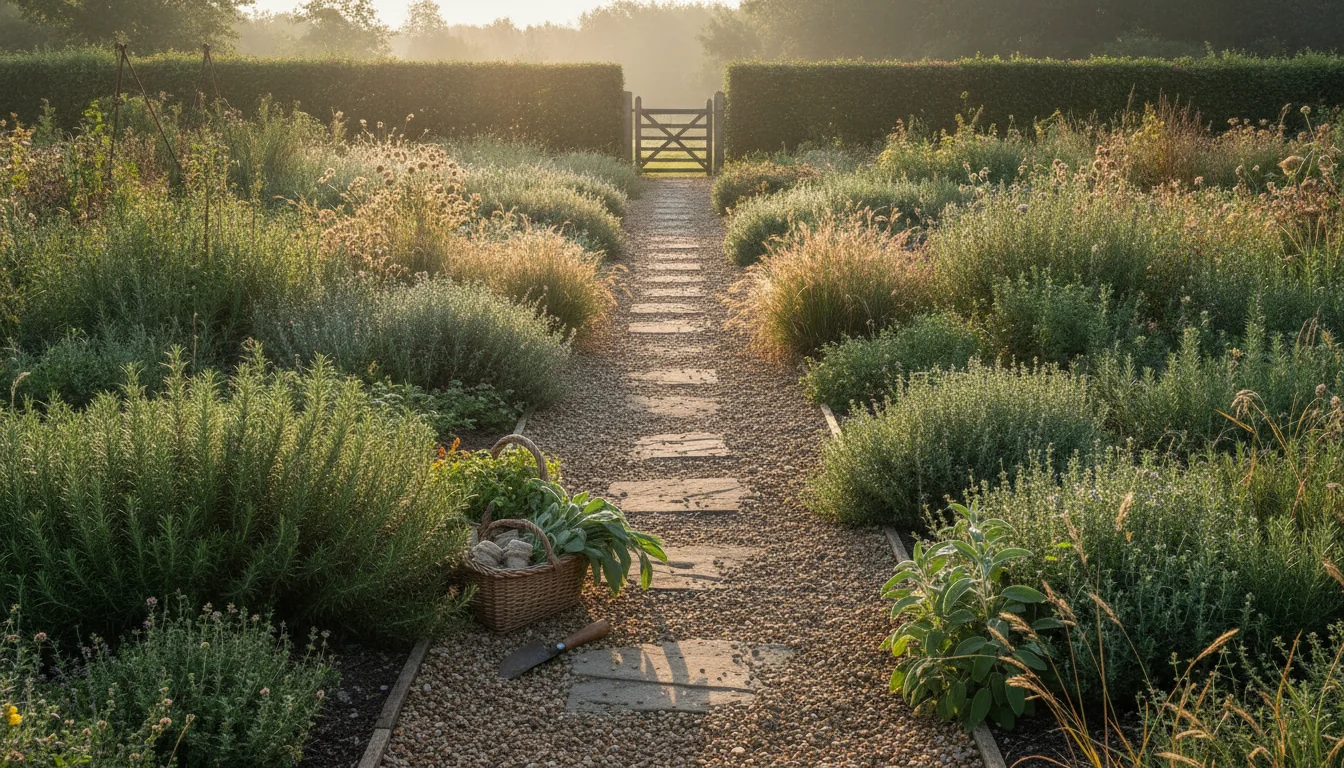 Late-summer morning light over a neat garden path and herb beds, soft gold sunlight for Virgo season